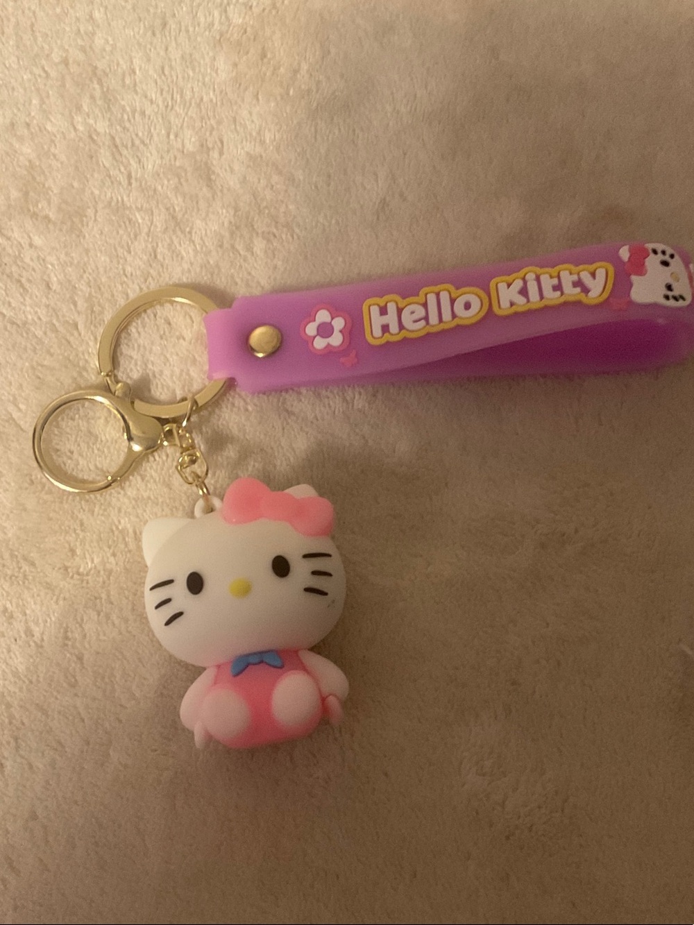 Hello Kitty Pink and White Silicone Keyring Charm with Purple Strap
